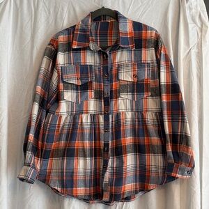 women’s tunic Plaid Flannel Shirt - Orange, Blue, and White